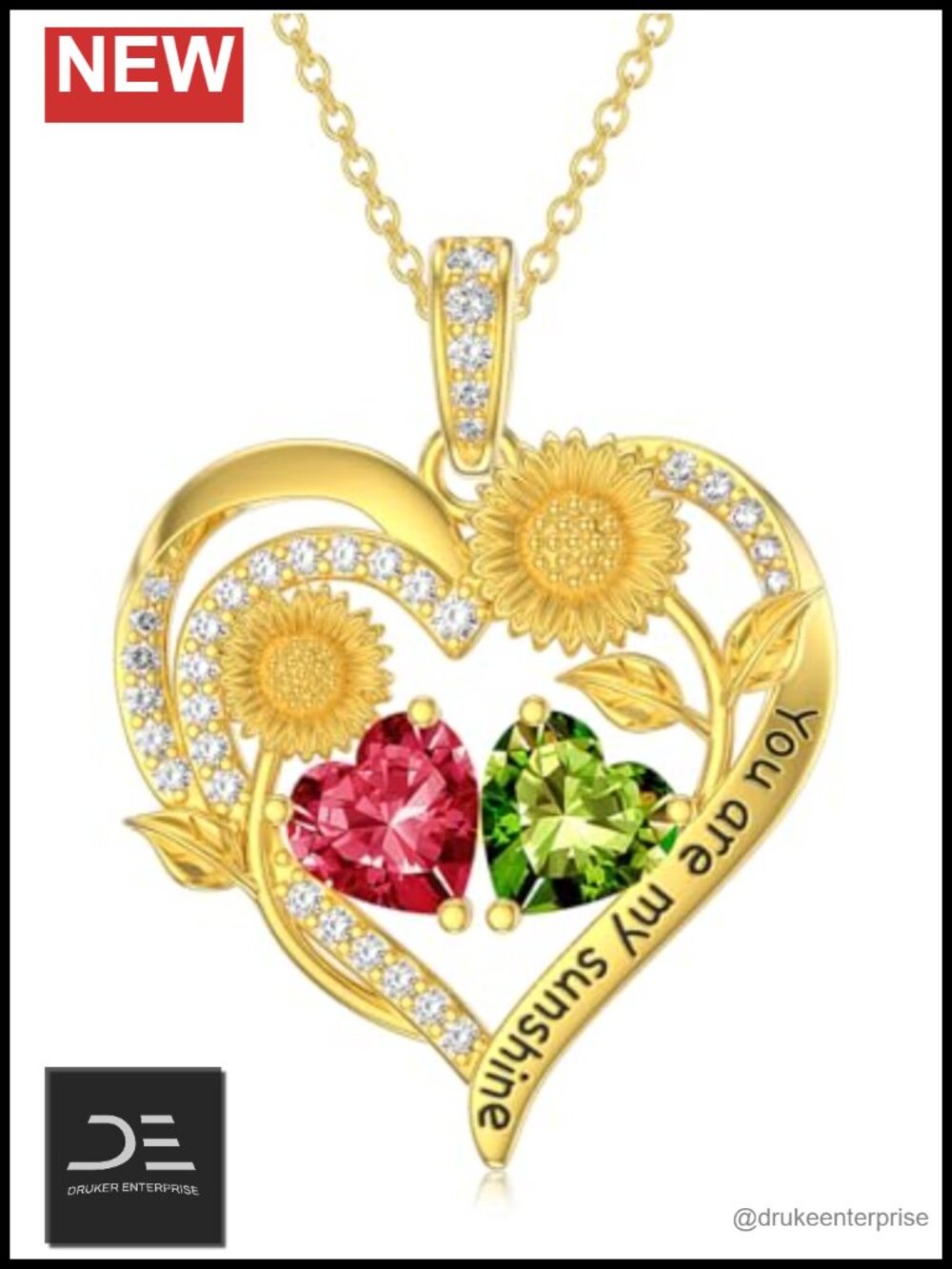 Double Birthstone Necklace 14K Gold Plated Sunflower Heart Pendant Jewelry Gift